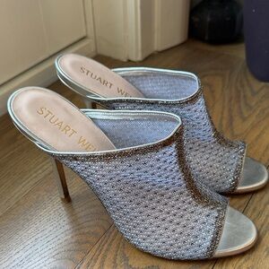 Stuart Weitzman Silver Glitter Mesh Open-Toe Mules